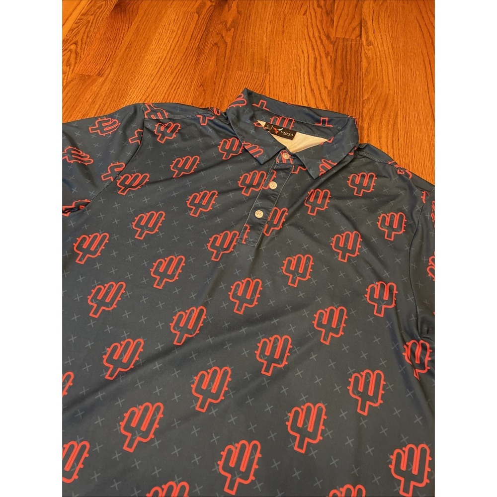 Yatta Mens Golf Polo Navy Pink Cactus Print Short Sleeve Shirt Desert Heat Large